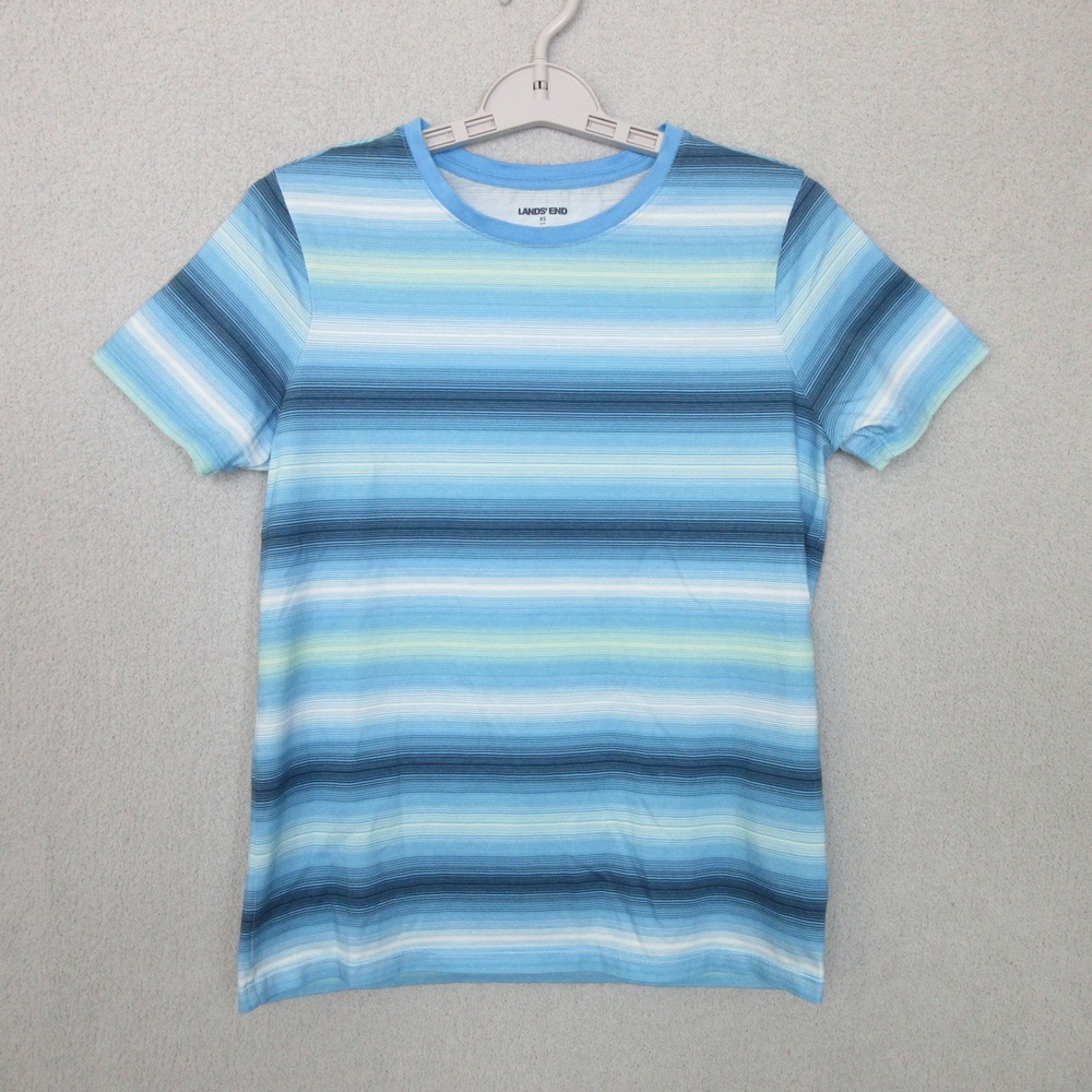 Lands End Women Blue Multi Stripe T Shirt Crew Neck Short Sleeve Casual Top XS